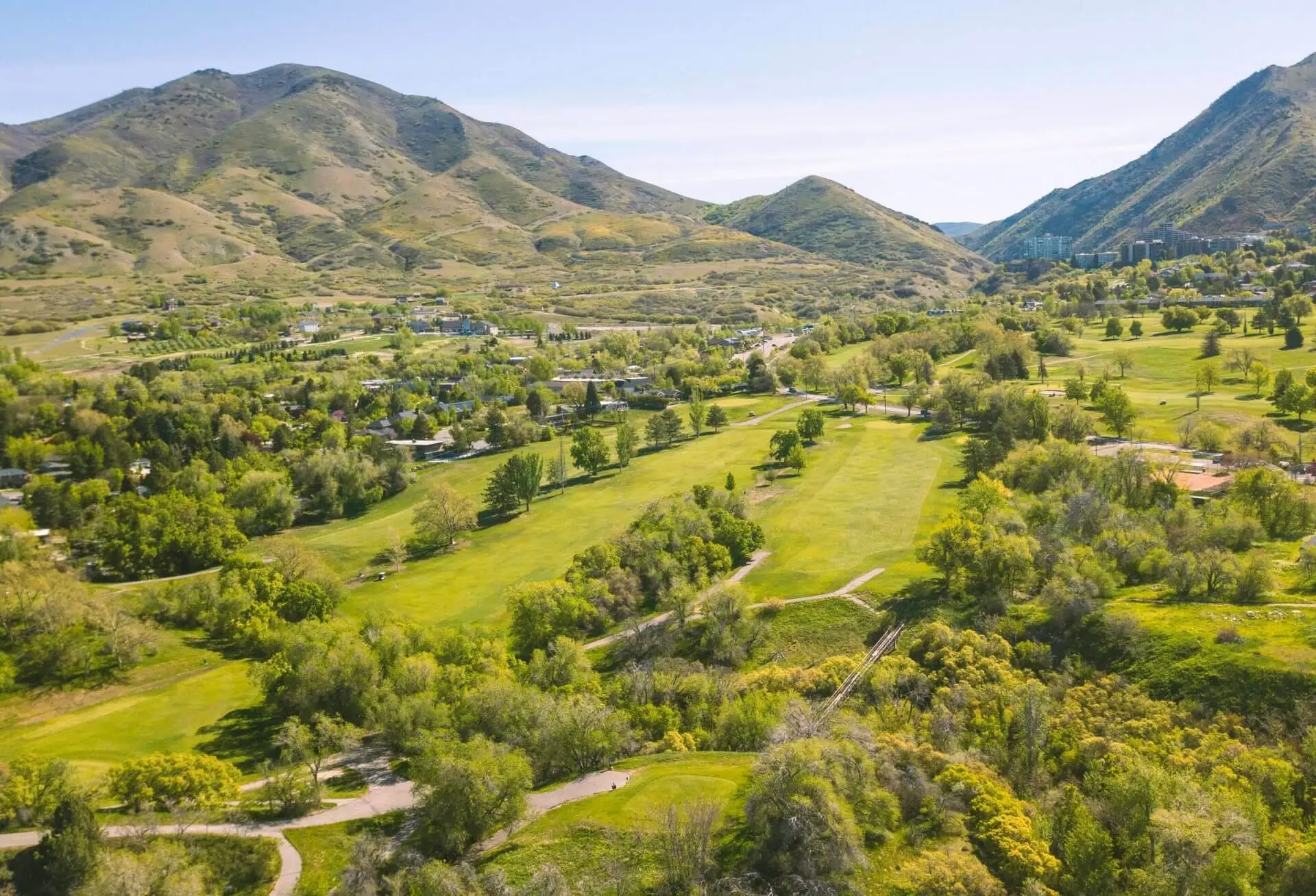 Aerial view across Bonneville Golf Course and the East Bench foothills in Salt Lake City, Utah