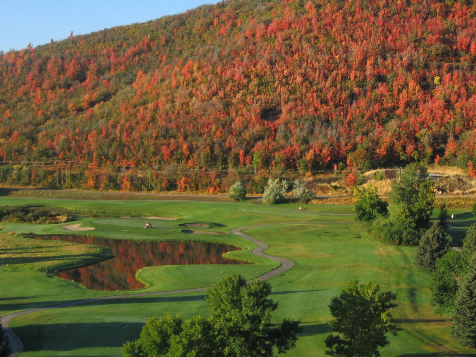 The Lake Course at Wasatch Mountain State Park in Midway, Utah, with fall color on the hillside