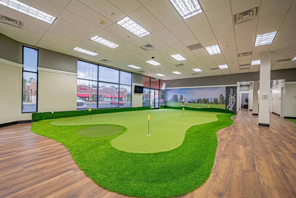 Indoor putting green with chipping fringe at Rozay Golf